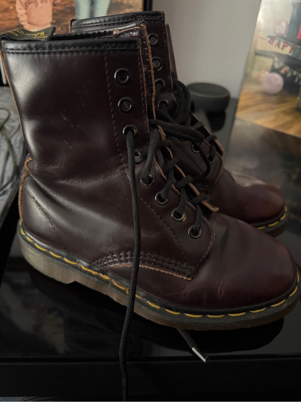 Dr. Martens Kids Burgundy Leather Lace-Up Boots with Yellow Stitching